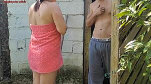 Shower breaks so married woman asks farm caretaker for help in just a towel and offers compensation.