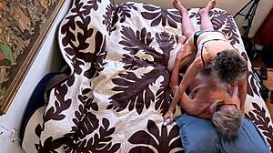 cougar wife bent over on hawaiian quilt for doggystyle fuck