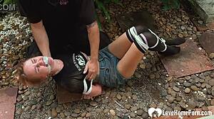 Sexy vixen restrained outdoors tickled hard begging for more action
