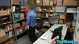 Young teen shoplifts items, then fucks the security guard with big tits to avoid prison time