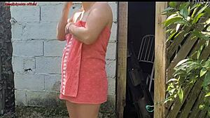 Shower breaks so married woman asks farm caretaker for help in just a towel and offers compensation.