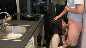 18 year old asian girl fucked while cooking by big white cock