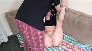 Bound brunette endures rough face fucking choking fisting with hot wax knifeplay