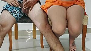 stepsister slut gets too hot at dinner with stepparents, they catch us but she keeps riding - homemade