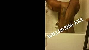 Williecumxxx fucks moaning ebony small tits babe hard in shower with big black cock