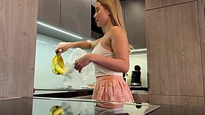 big boobs blonde college girl flashes miniskirt ass legs chores