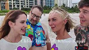 sugardaddy watches chloe temple's shaved pussy double penetrated in creampie foursome