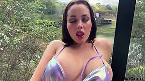 Big ass brunette babe Marian Franco's jacuzzi blowjob heats up outdoor pool play