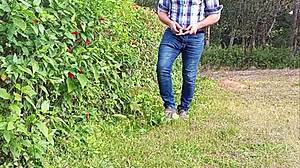 brazilian bear gardener strokes huge thick cock till milk sprays farm