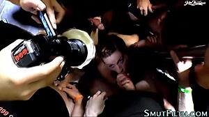 busty slut drenched in bukkake facial cumshot blowbang