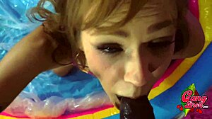 Rebecca gags on BBC with sloppy puke as rough throat fuck escalates poolside