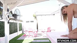 Hot milf teases her pussy by the bbq outdoors