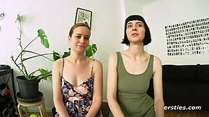 two sexy german brunettes with big natural tits kiss suck nipples and lick passionately in public hallway