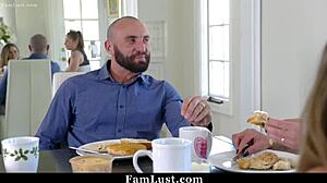 horny stepdaughter sucks stepdad's cock under table next to stepmom