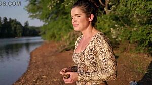 curvy brunette milf in thong bodysuit flashes her fat ass at the lake for public worship