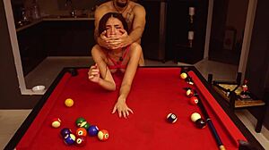 Scort in Dress Rides Cock Hard over Pool Table with Cum Cover