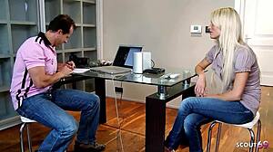 blonde model with perfect body lets old guy cumshot her face twice during rough casting fuck