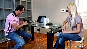 blonde model with perfect body lets old guy cumshot her face twice during rough casting fuck