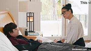 the strict teacher grabs her asian student's cock for a deep handjob before fucking him hard in class