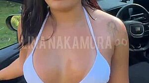 Vigilante rams Japanese babe's tight pussy in public parking lot