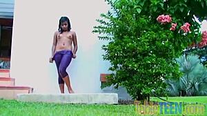 Petite Latina teen tobie strips wet outdoors fingering shaved pussy teasing