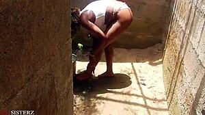 German ebony wife bends over begging for wet outdoor cock pounding