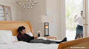 the strict teacher grabs her asian student's cock for a deep handjob before fucking him hard in class