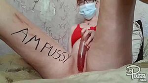 redhead nerd pounds shaved pussy with huge dildo to orgasm