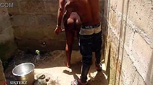 German ebony wife bends over begging for wet outdoor cock pounding