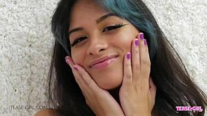 Cute brunette teen with perfect body teases daddy in casting interview on sofa