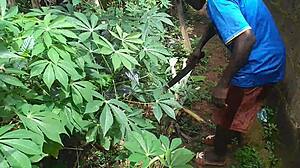 young oiled babe has sex with plantain outdoors in lush garden nature