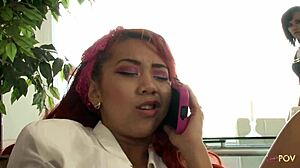 curious what happens when asian dyke straps on for redhead pussy pounding?