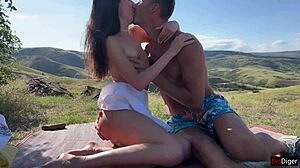 whoa, this beauty jumps at public mountain sex and takes a creampie!