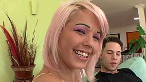 Blonde babe's shaved pussy grabs friend's monster cock for nonstop blowjob and cumshot