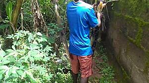 young oiled babe has sex with plantain outdoors in lush garden nature