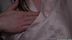 Naughty young babe rides step grandpa slowly in bed wearing sexy lingerie