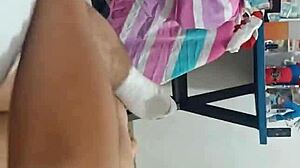 Young amateur grabs neighbor's thick cock for secret bedroom handjob stroke