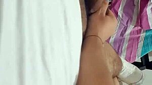 Young amateur grabs neighbor's thick cock for secret bedroom handjob stroke