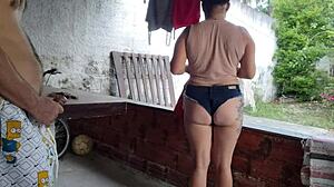 Maid in tiny shorts seduces me - wanna fuck her on the balcony?