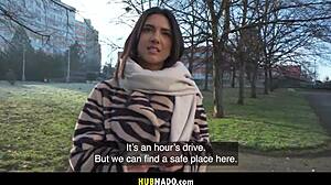 Cold Prague day bumps into beautiful French Lena Coxx for big cock blowjob cowgirl facial