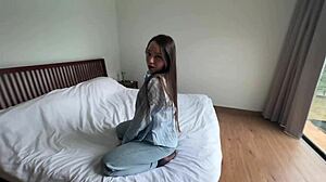 sexy brunette babe in jeans teases feet then deepthroats and rides cock outdoors