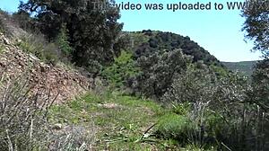 voyeur films horny milf pissing from hairy pussy on beach gets startled