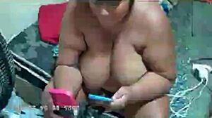 busty stepmom flashes huge tits to lover alone at home