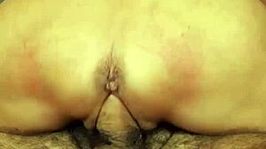 blonde gilf granny spreads shaved pussy for hairy man's cock in sensual heels fuck