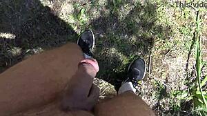 voyeur films horny milf pissing from hairy pussy on beach gets startled