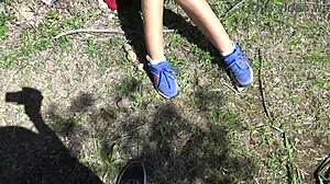 voyeur films horny milf pissing from hairy pussy on beach gets startled