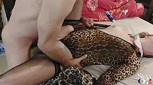 French milf in leopard bodysuit gets fucked doggy pov with ass licking and spanking