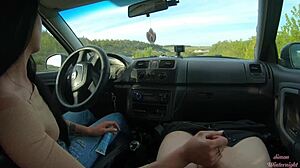 Girlfriend's Huge Cock Handjob in Public Road Car