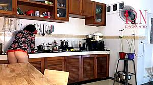 curvy housewife strips pantyhose in kitchen as naked maid orgasms cooking with ripped clothes