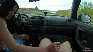 Girlfriend's Huge Cock Handjob in Public Road Car